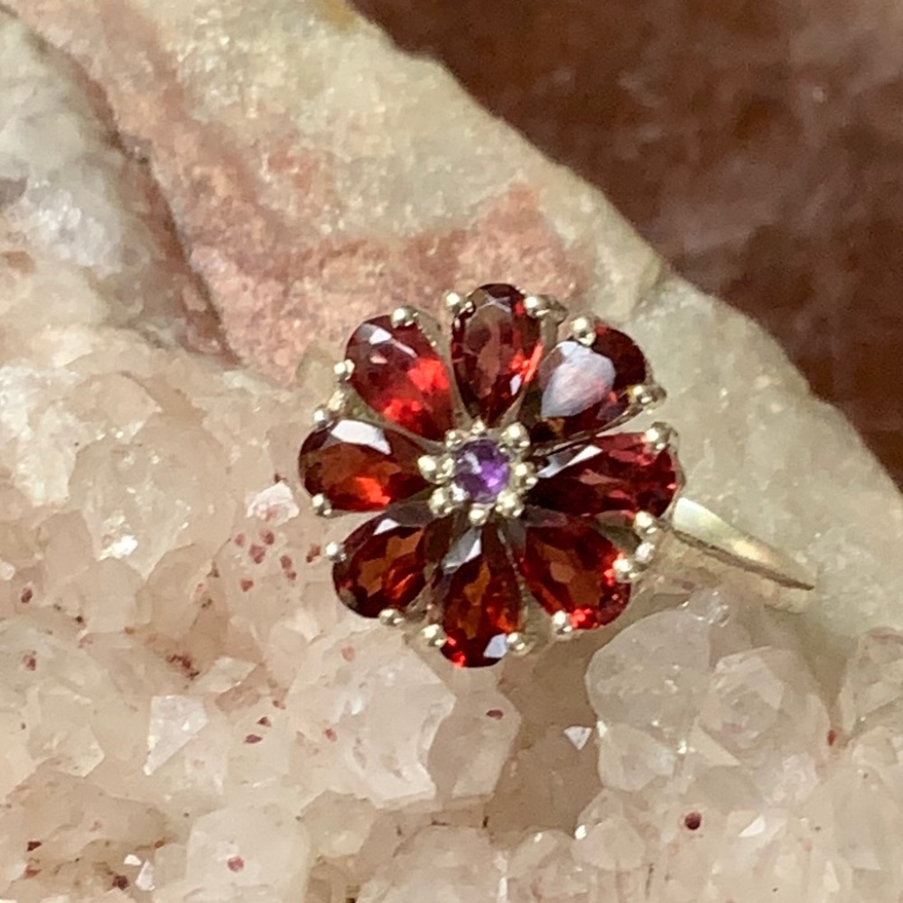 GARNET & AMETHYST 925 STERLING SILVER RING, SIZE 6.75